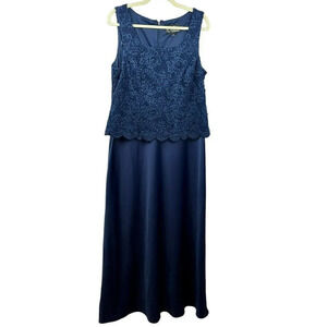 NWT Alex Evenings Long Glitter Lace Satin Dress, Size 16 Sleeveless, Navy Blue‎